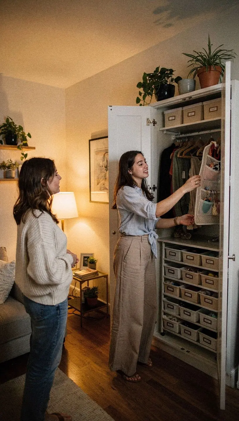 Stylowy kącik do pracy w przestrzeni dziennej z jasnym oświetleniem i schowkami.