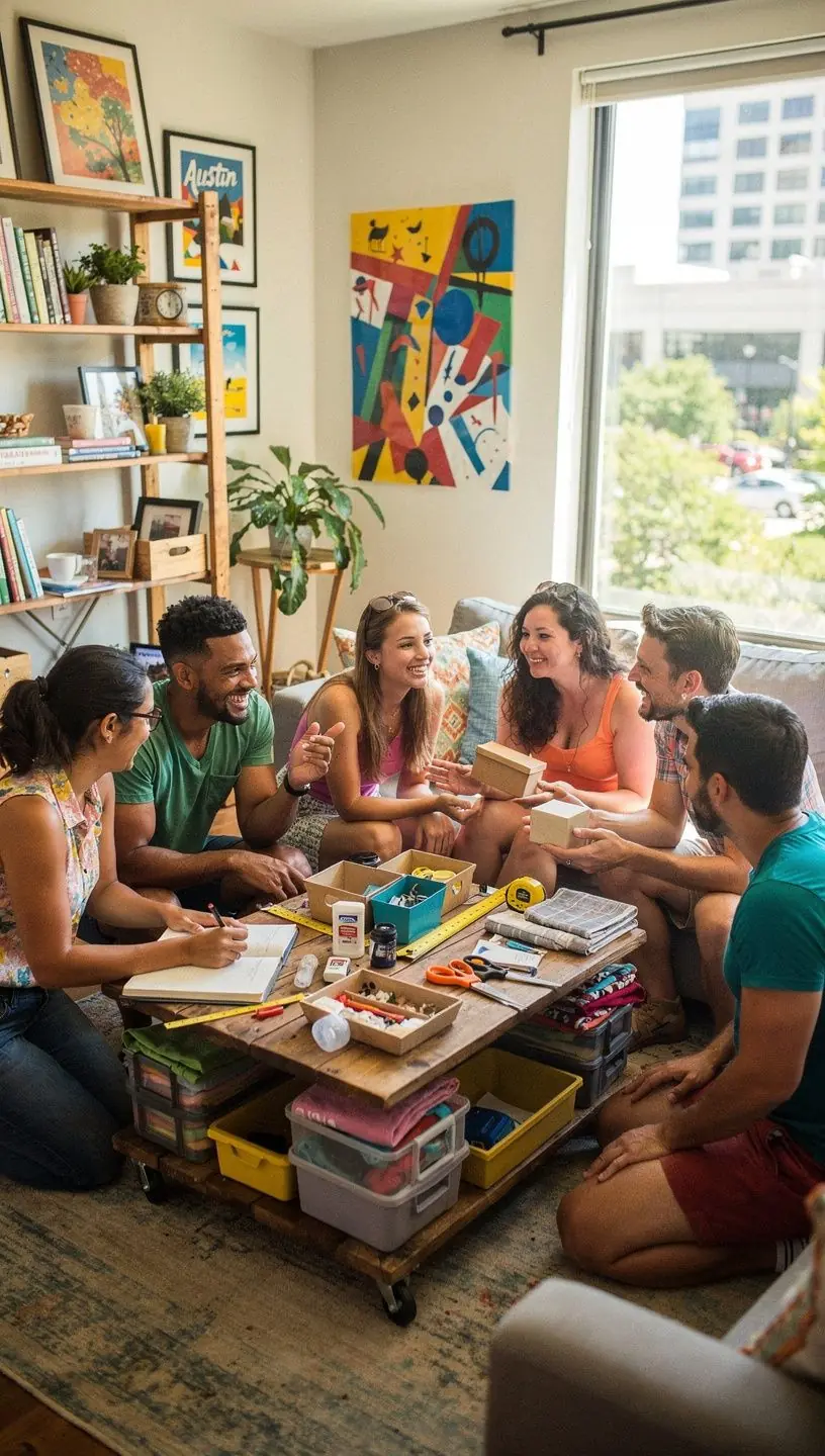 Nowoczesny układ przestrzeni z otwartą kuchnią, oświetleniem punktowym i regałami.