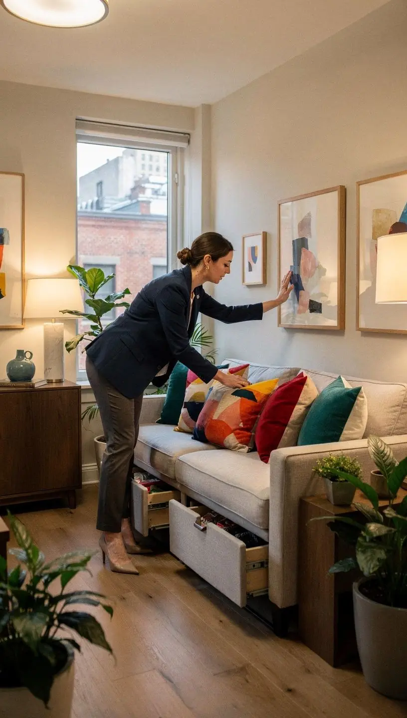 Przykład małego mieszkania z różnorodnym oświetleniem i sprytnymi schowkami w ścianach.