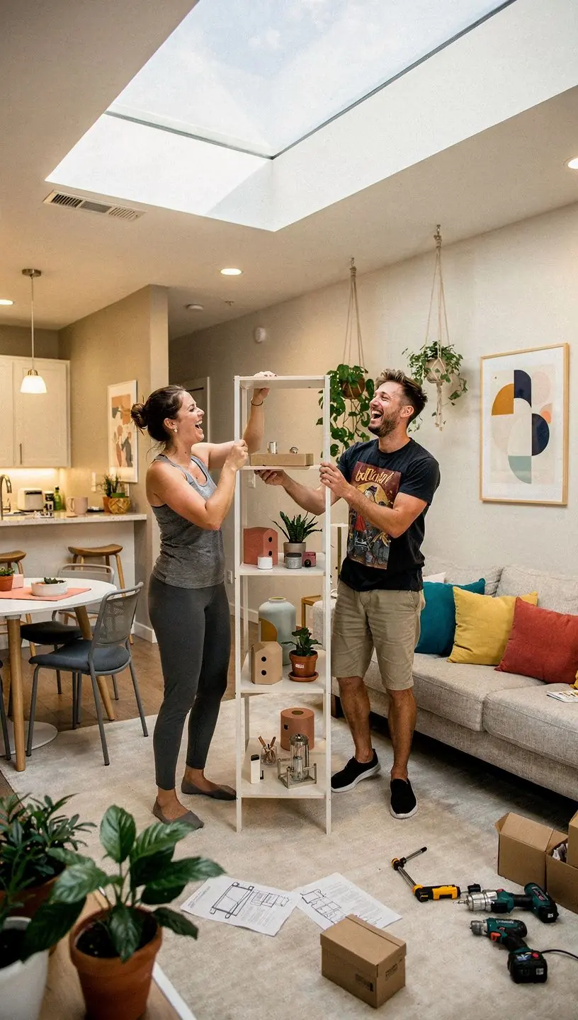 Nowoczesny salon w małym mieszkaniu z inteligentnymi rozwiązaniami do przechowywania.