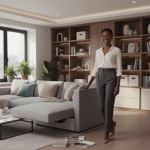 Przestronny balkon z meblami wielofunkcyjnymi i dekoracyjnym oświetleniem.