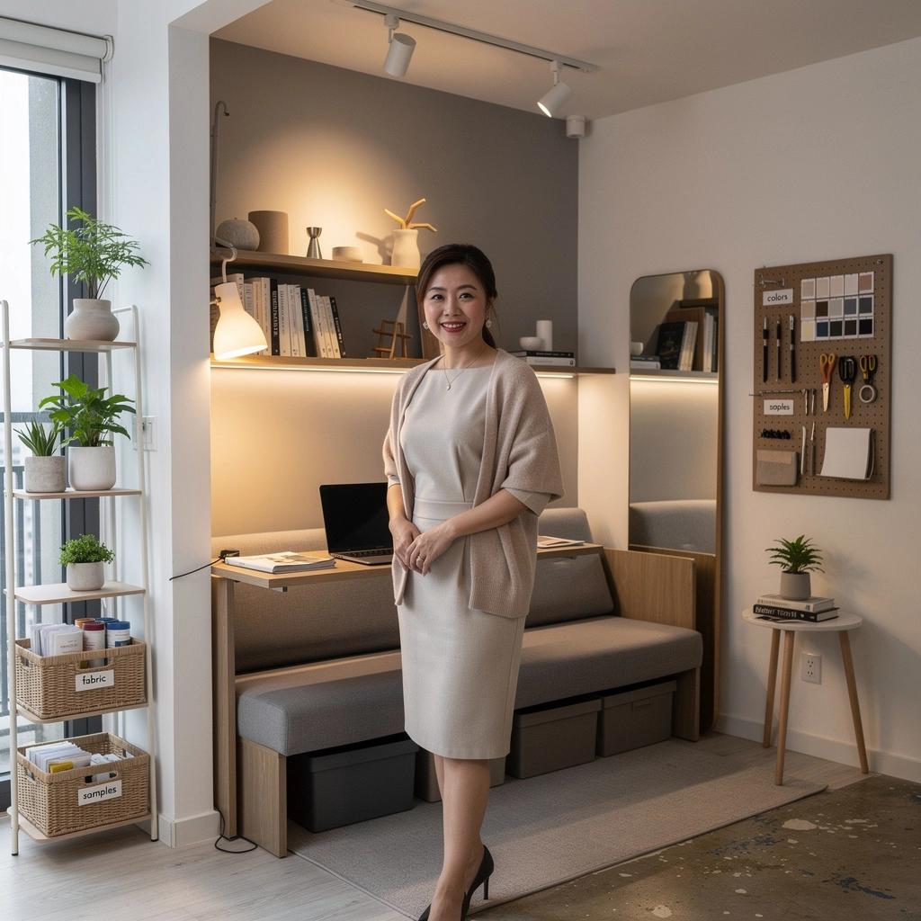 Przykład strefy wypoczynkowej z kanapą z pojemnikiem na pościel i lampami.